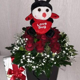 Valentin's box with 9 red roses, teddy and box chocs