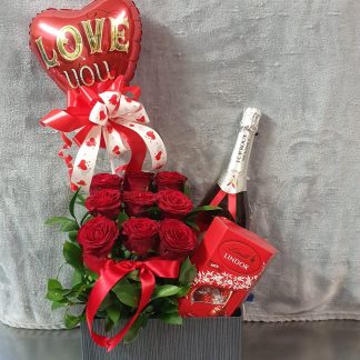 Gift box with 9 red roses, JC L Roux champagne, 200g Lindt, Balloon