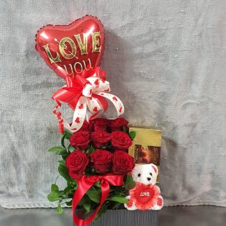 Gift Box with 9 red roses, 200g Jacquot Truffles, Teddy and balloon